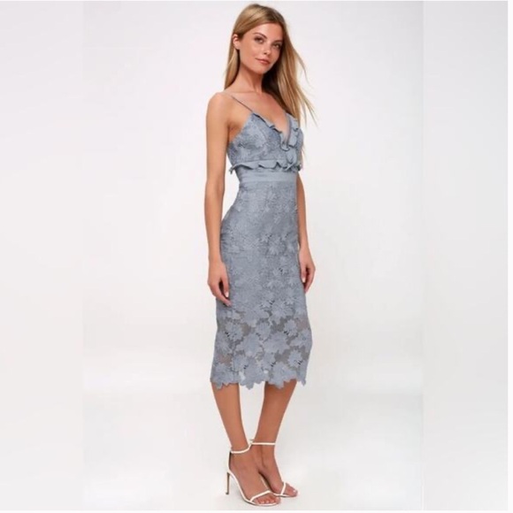 Bardot Vienna Dusty Blue Lace Midi Dress Spaghetti Strap Ruffle Crochet Lace - Picture 3 of 14